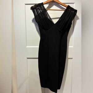 Cache Black Evening Dress - plunging neckline, mesh over bust and shoulders. XS